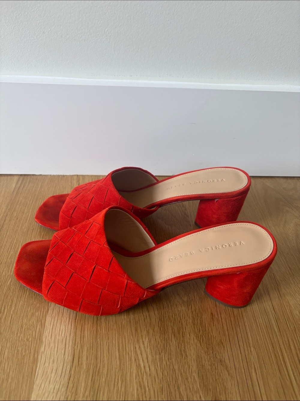 Veronica Beard Red Woven Suede Slide Mules
